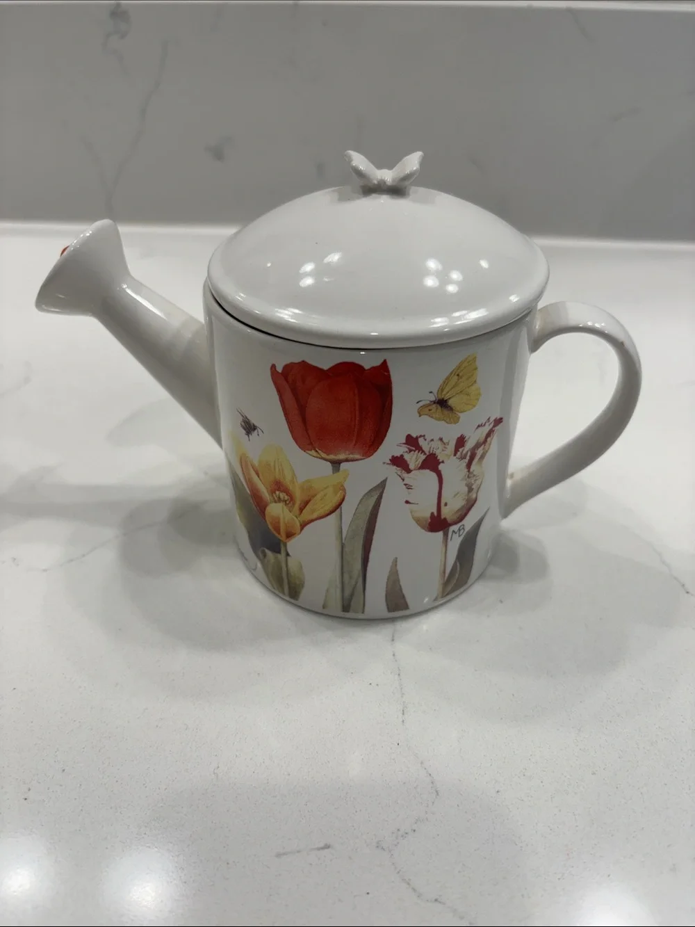 White Porcelain Floral Teapot with Tulip & Butterfly Accents